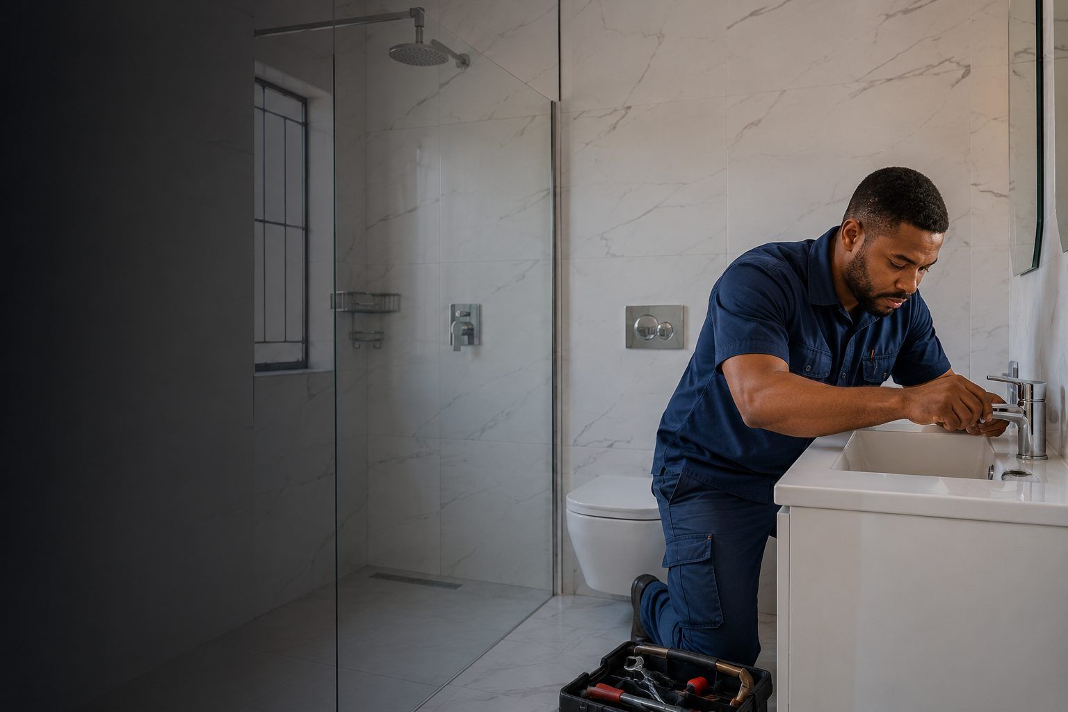 Sphapower plumber repairing a sink in a Johannesburg bathroom
